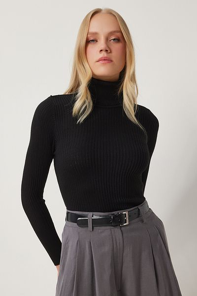 Happiness İstanbul Pulover de damă negru cu talie înaltă din Lycra cu coaste DD01007