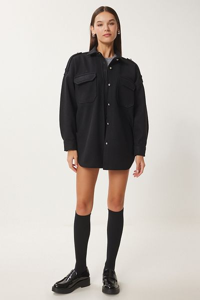 Happiness İstanbul Women's Black Epaulettes Pocket Woven Shirt Jacket Fh00020
