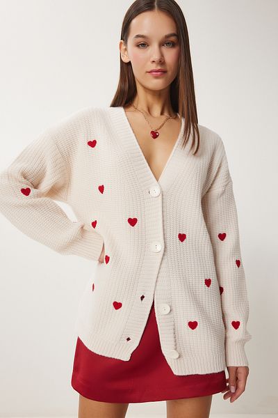 Happiness İstanbul Women's Cream Heart Textured Long Knitwear Cardigan Kg00012