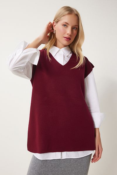 Happiness İstanbul Burgunderroter Damen-Pullover mit V-Ausschnitt und Gürtel, lang, US00185