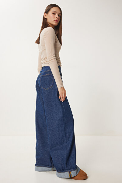 Happiness İstanbul Kadın Koyu Mavi Yüksek Bel Geniş Paça Jeans RH00032