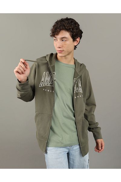 AMERICAN EAGLE AE Fleece Logo Graphic Zip-Up Hoodie