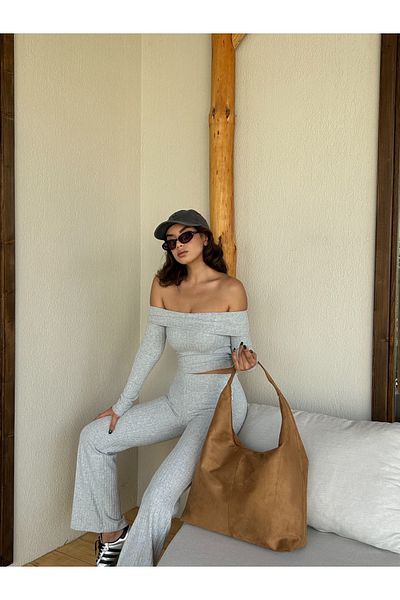 Trendyol Collection Γκρι Melange Carmen λαιμόκοψη ελαστική πλεκτή μπλούζα με ραβδώσεις TWOAW25BZ00313