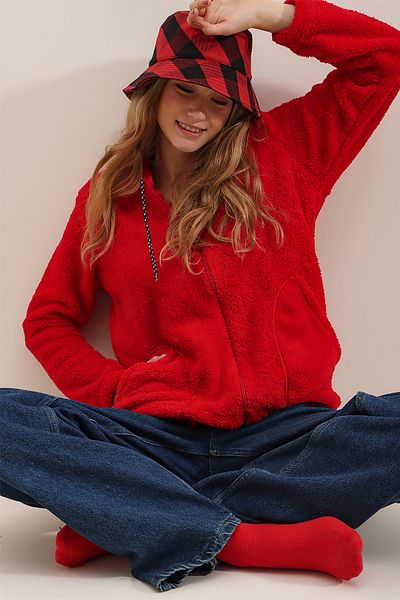 Trend Alaçatı Stili Rotes Damen-Sweatshirt aus Plüsch mit Kapuze, Frontreißverschluss, zwei Taschen, Übergröße, ALC-X7332