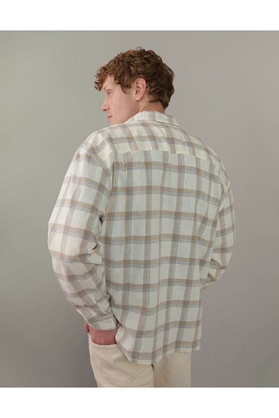AMERICAN EAGLE Ae Linen-Blend Long-Sleeve Button-Up Shirt