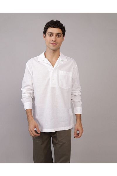 AMERICAN EAGLE Ae Long-Sleeve Linen-Blend Popover Shirt