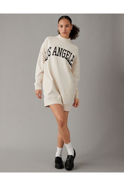 AMERICAN EAGLE AE Oversized Fleece Mock Neck City Graphic Mini Dress
