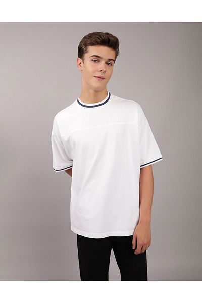 AMERICAN EAGLE Ae Oversized Pique Ringer T-Shirt - White U-1164-3877