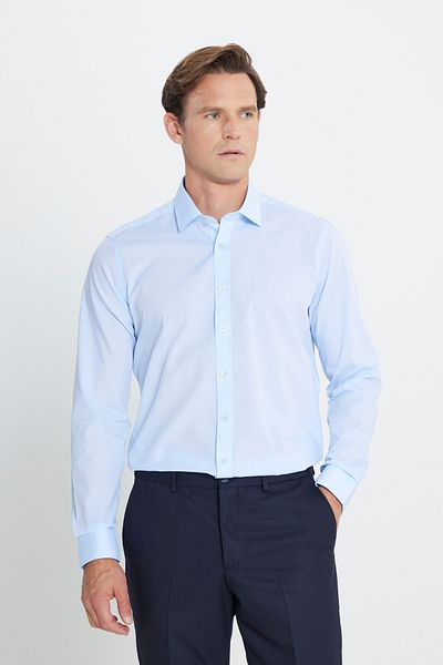 ALTINYILDIZ CLASSICS Men's Light Blue Water and Stain Repellent Nano 100% Cotton Slim Fit Slim Fit Classic Lapel Shirt