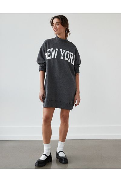 AMERICAN EAGLE AE Oversized Fleece Mock Neck City Graphic Mini Dress