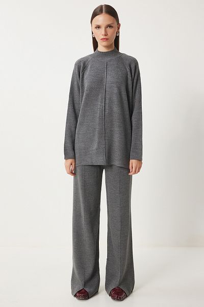 Happiness İstanbul Graues stilvolles Strickpullover-Hosen-Set für Damen MU00012