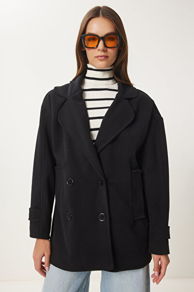 Happiness İstanbul Γυναικείο παλτό με διπλό γιακά σε μαύρο χρώμα DD01342