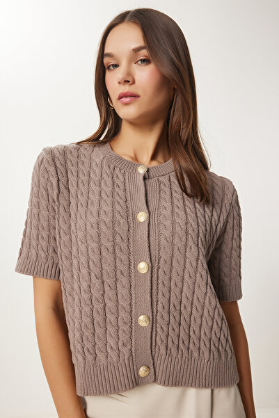 Happiness İstanbul Női Mink kerékpáros nyakú haj fonott kötöttáru kardigán US00946