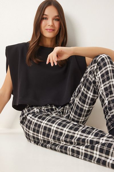 Happiness İstanbul Pantaloni de pijama moale cu model alb-negru pentru femei - CE00089