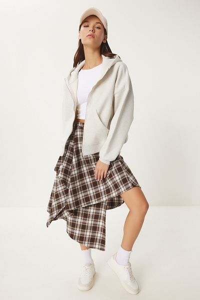 Happiness İstanbul Women's Gray Melange Hooded Zippered Sweatshirt - Cv00045