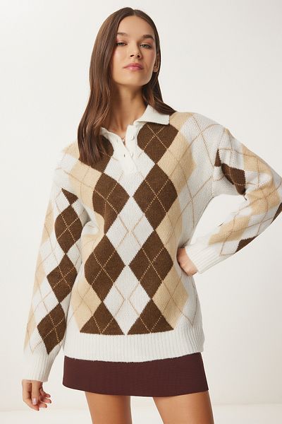Happiness İstanbul Women's Ecru Brown Diamond Patterned Knitwear Sweater Fn03447
