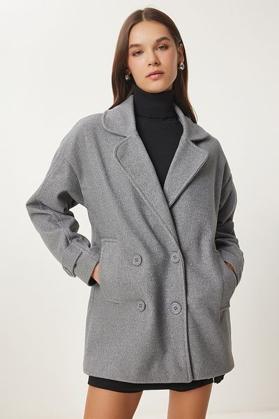 Happiness İstanbul Women's Gray Double Breasted Lapel Cashmere Coat Dd01342