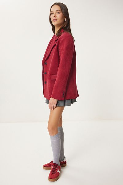 Happiness İstanbul Burgunderrote Premium-Wildleder-Blazerjacke für Damen FN03443