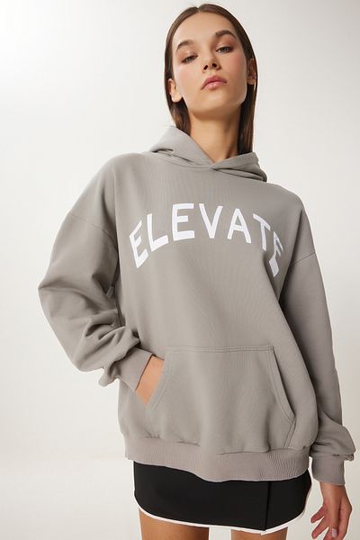 Happiness İstanbul Gray Oversize Hooded Knitted Sweatshirt - Ce00095