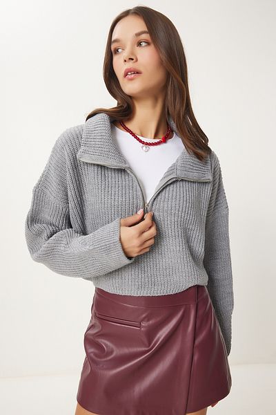 Happiness İstanbul Women's Gray Zip Turtleneck Knitwear Sweater Mx00124