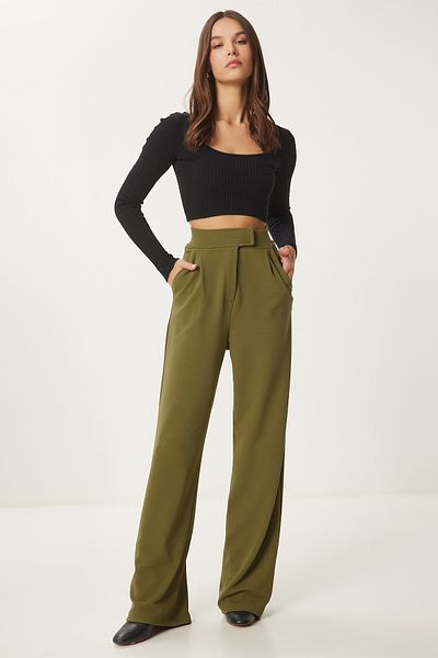 Happiness İstanbul Dámské khaki pas na suchý zip Pohodlné tkané kalhoty Rv00150