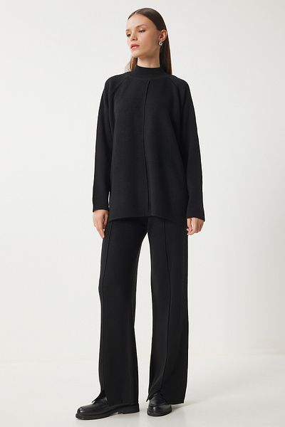 Happiness İstanbul Stilvolles schwarzes Strick-Sweatshirt-Hosen-Set für Damen MU00012
