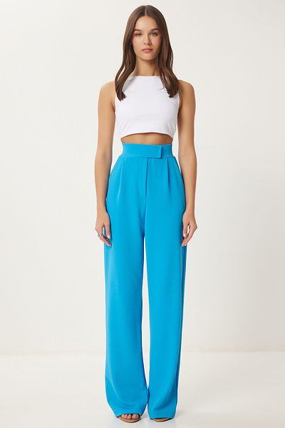 Happiness İstanbul Blaue, bequeme, gewebte Damenhose mit Klettverschluss an der Taille RV00150