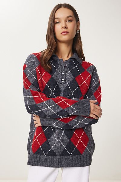 Happiness İstanbul Women's Anthracite Red Diamond Patterned Knitwear Sweater Fn03447