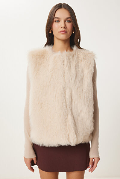 Happiness İstanbul Kadın Krem Suni Kürk Yelek YL00004
