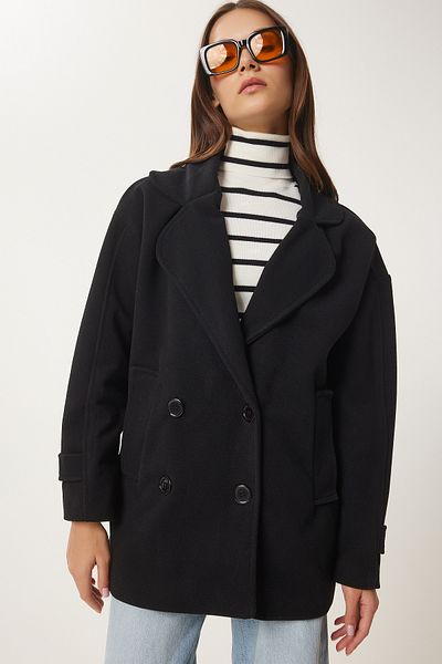 Happiness İstanbul Women's Black Double Breasted Lapel Cashmere Coat Dd01342
