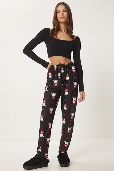Happiness İstanbul Pantaloni de pijama tricotați pentru femei, moale, cu model negru - CE00089