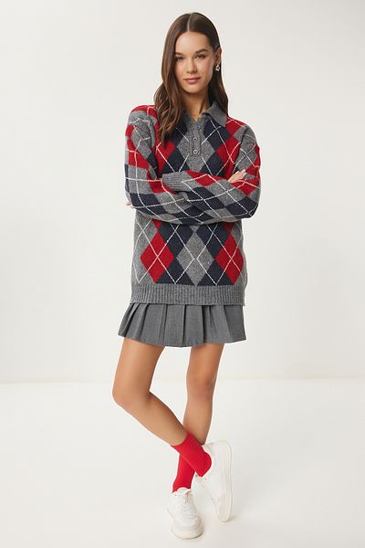 Happiness İstanbul Women's Gray Red Diamond Patterned Knitwear Sweater Fn03447