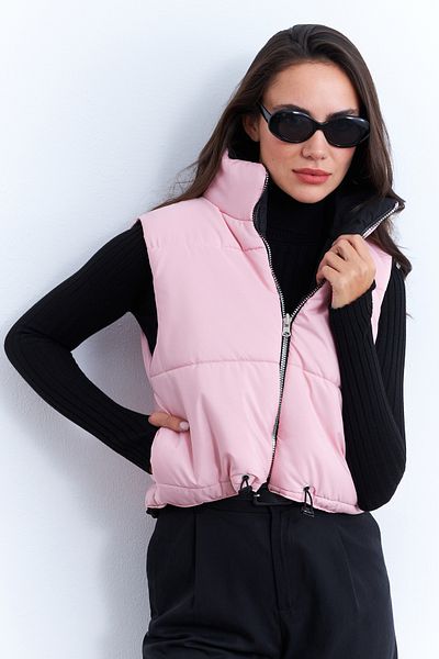 Cool & Sexy Női rózsaszín-fekete kétoldalas puffer rövid mellény MX12