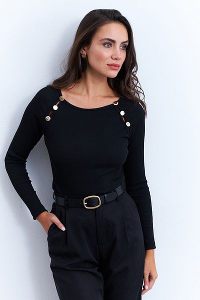 Cool & Sexy Damska czarna bluzka z guzikami i akcesorium Ey2945
