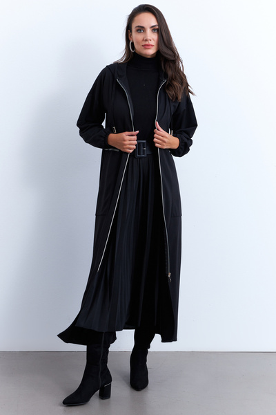 Cool & Modest Black Stone Detailed Women's Zip-Up Sweatshirt Dress - Masf21