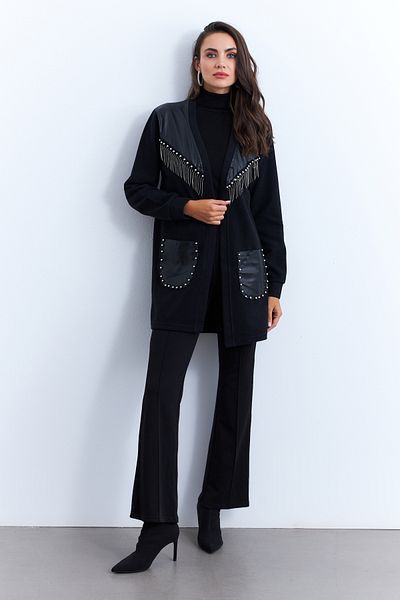 Cool & Modest Cardigan cu împânzire cu detalii din piele artificială neagră pentru femei MPK809