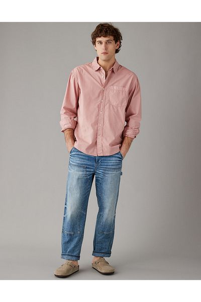 AMERICAN EAGLE Ae Everyday Poplin Button-Up Shirt Pink U-0153-6130