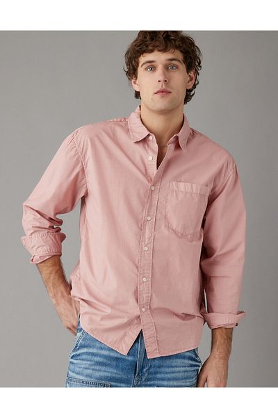 AMERICAN EAGLE Ae Everyday Poplin Button-Up Shirt Pink U-0153-6130