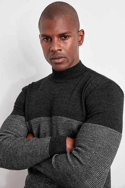 Trendyol Collection Crew Neck Striped Slim Fit Knitwear Sweater - Anthracite Tmnaw20Ls0014
