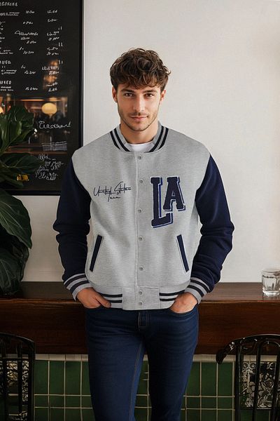 Trendyol Collection Gray Embroidered Melange College Jacket - Regular Cut Tmnaw25ce00006