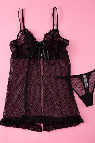 Trendyol Curve Plus Size Black Polka Dot Lace Babydoll - Thong Tbbaw25Dh00001