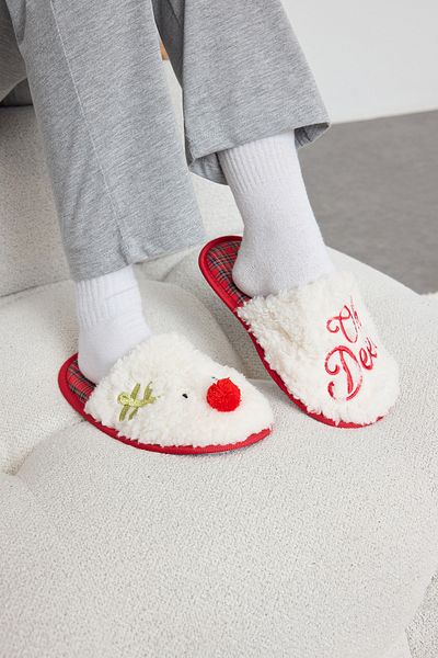 TRENDYOL SHOES Women's Plush Embroidered Ecru Christmas Slippers - Takaw25Er00013