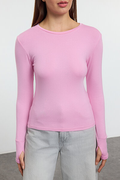 Trendyol Collection Εύκαμπτη πλεκτή μπλούζα με ροζ βισκόζη/μαλακό ύφασμα με λεπτομέρεια δακτύλων TWOAW25BZ00014