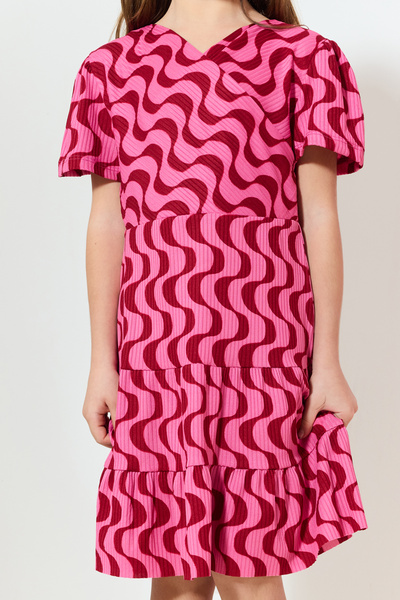 TRENDYOLKIDS Plum Girl's Mini Me Printed Knitted Dress Tkdaw25El00024