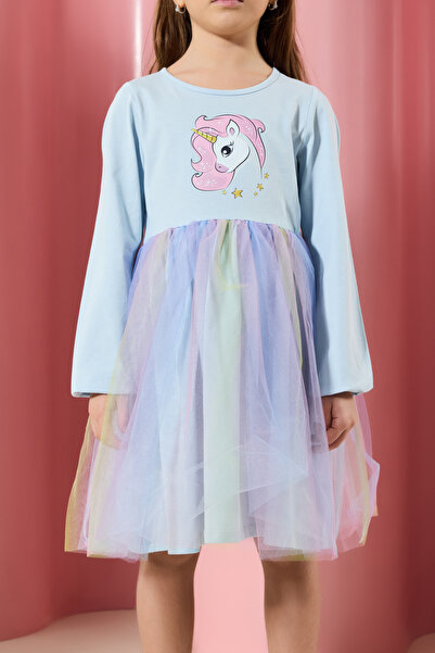 TRENDYOLKIDS Baby Blue Girls Tutu Πλεκτό Φόρεμα με στάμπα με φούστα TKDAW25EL00030