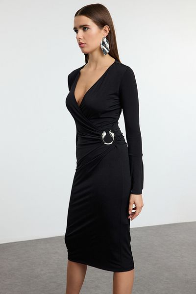 Trendyol Collection Μαύρο Εφαρμοσμένο Αξεσουάρ Λεπτομερές Πλεκτό Βραδινό Φόρεμα Νυχτερινό Φόρεμα Αποφοίτησης TPRAW25EL00158