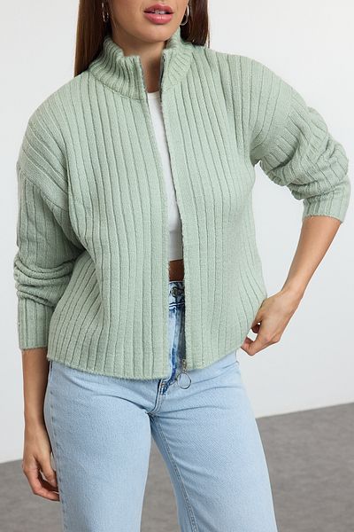 Edit by Trendyol Mint Soft Textured Zip Slim Knitwear Cardigan Tedaw25Hi00031