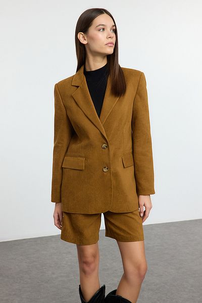 Trendyol Collection Brązowa zamszowa marynarka tkana Twoaw25Bc00040