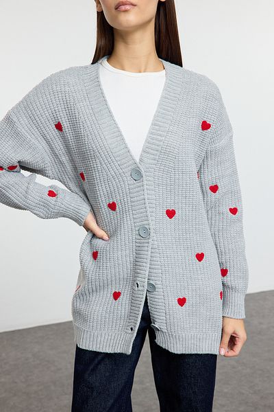 Edit by Trendyol Gray Heart Patterned Comfortable Fit Knitwear Cardigan Tedaw25Th00004