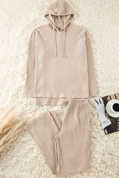 Trendyol Collection Dunkelbeiges, geripptes, gestricktes Pyjama-Set mit Kapuze THMAW22AU0334